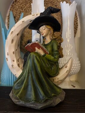 Broomstick Blvd Halloween Witch Reading Book Sitting on Moon Black Cat Figurine